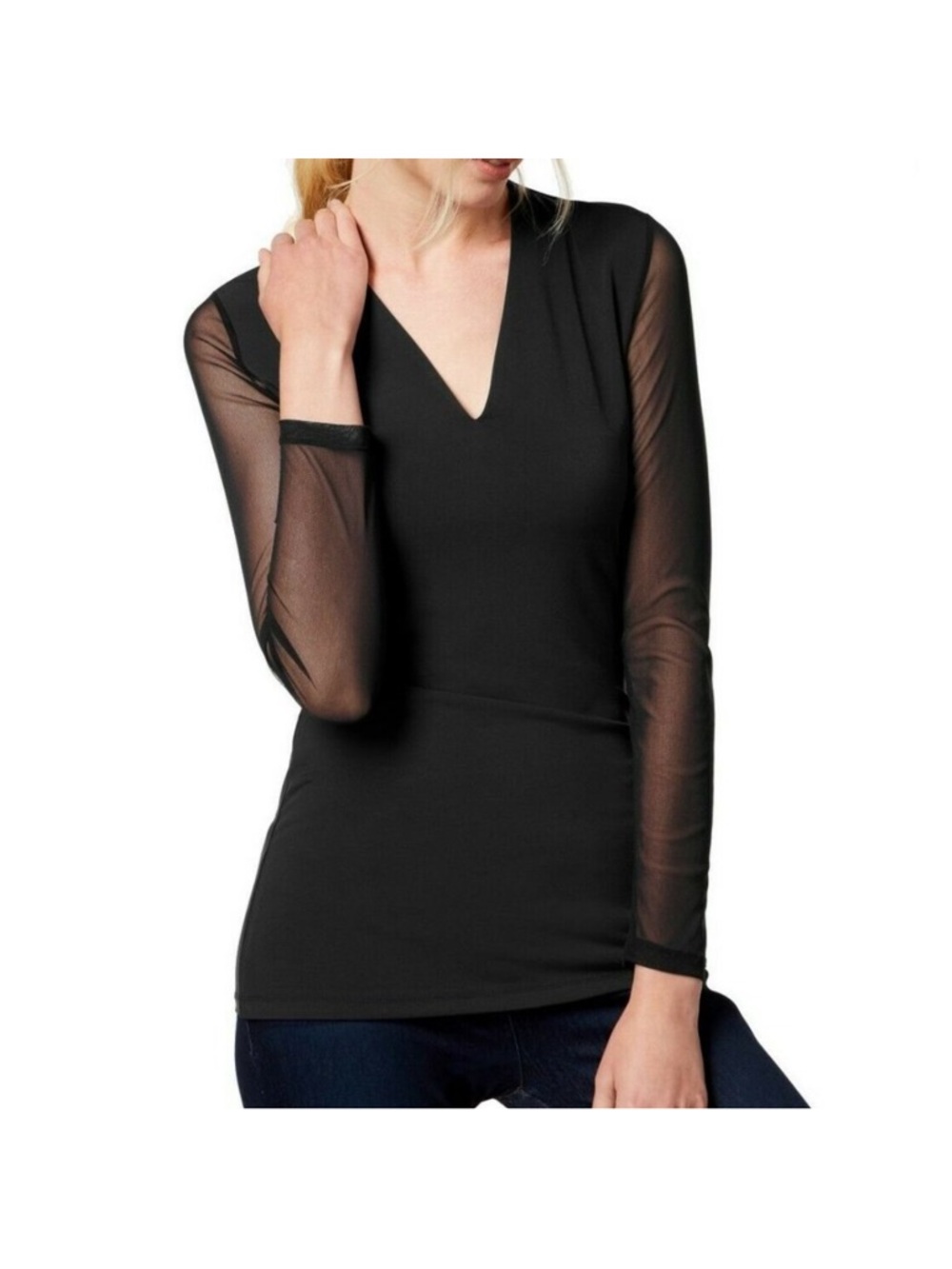 INC International Concepts Black V-Neck Sheer Sleeve Long Sleeve Top
